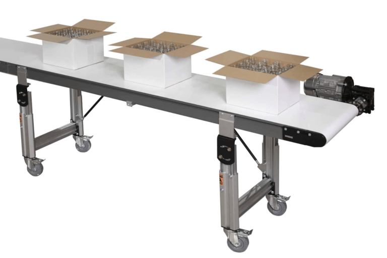 Conveyor transporting cartons through a production line