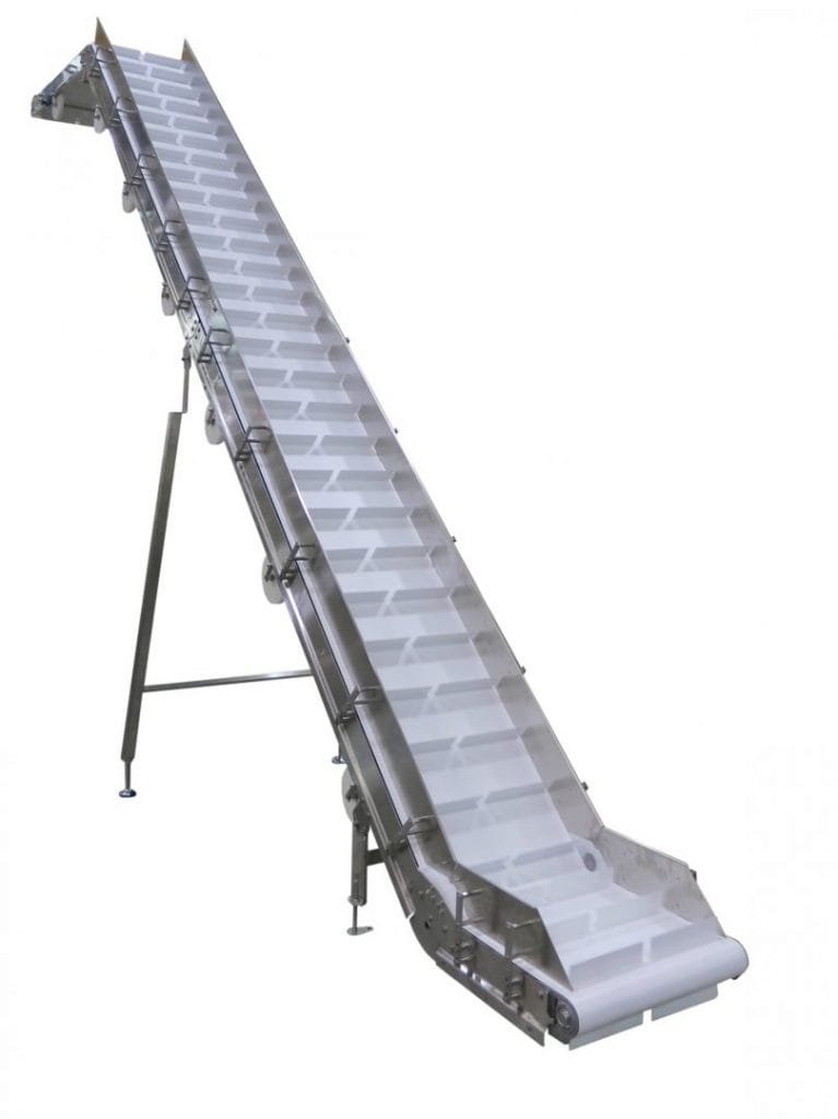 Steep conveyor elevating products between production levels