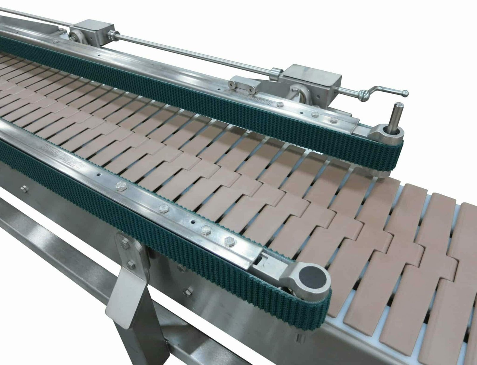 Adjustable vertical stabilizer belts above a conveyor