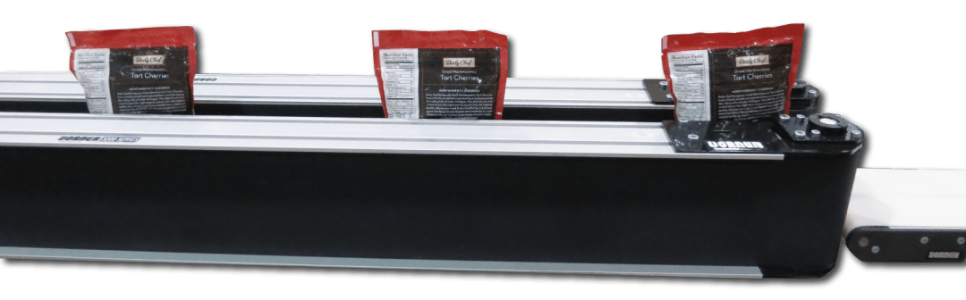 Flexible pouches moving through side-grip conveyors