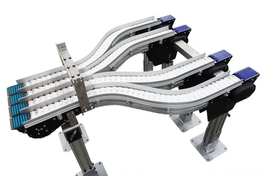One to four lane conveyor with powered transfers