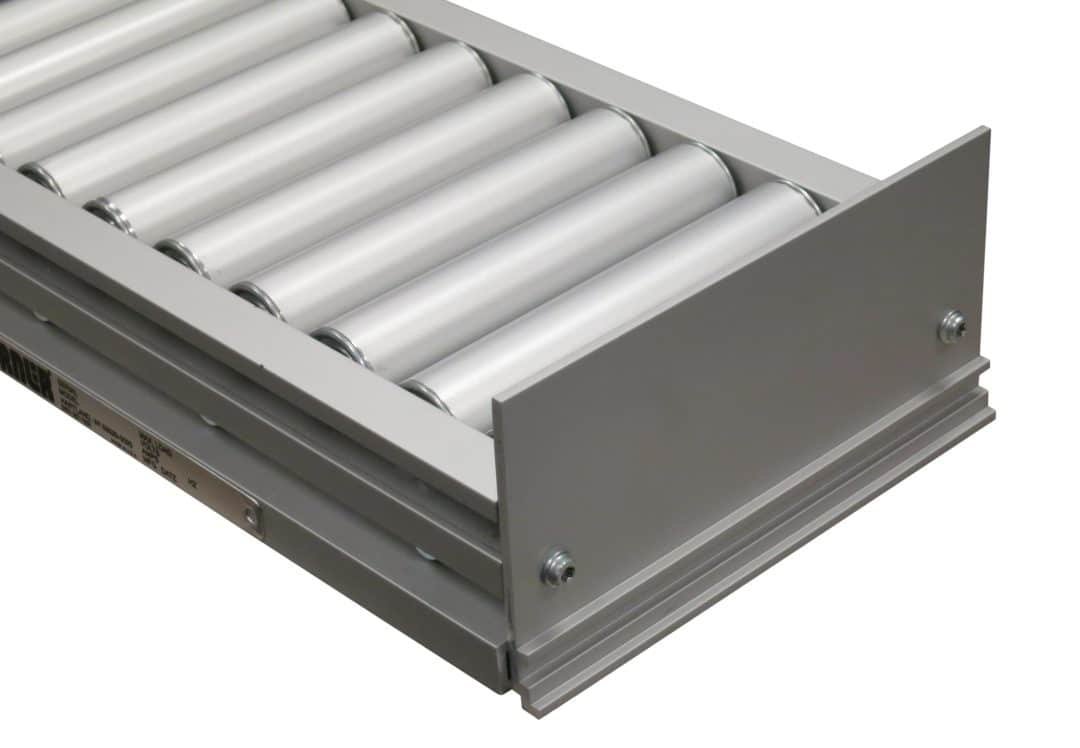 Gravity conveyor end featuring an optional end stop