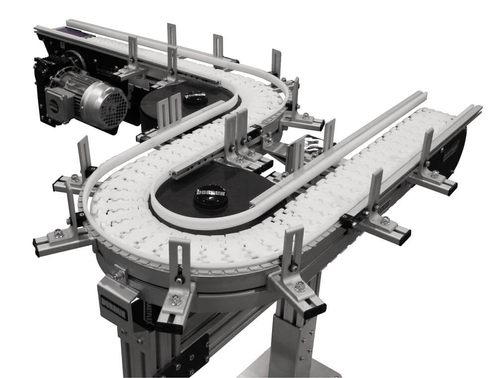 Curved FlexMove conveyor integrated into a production line