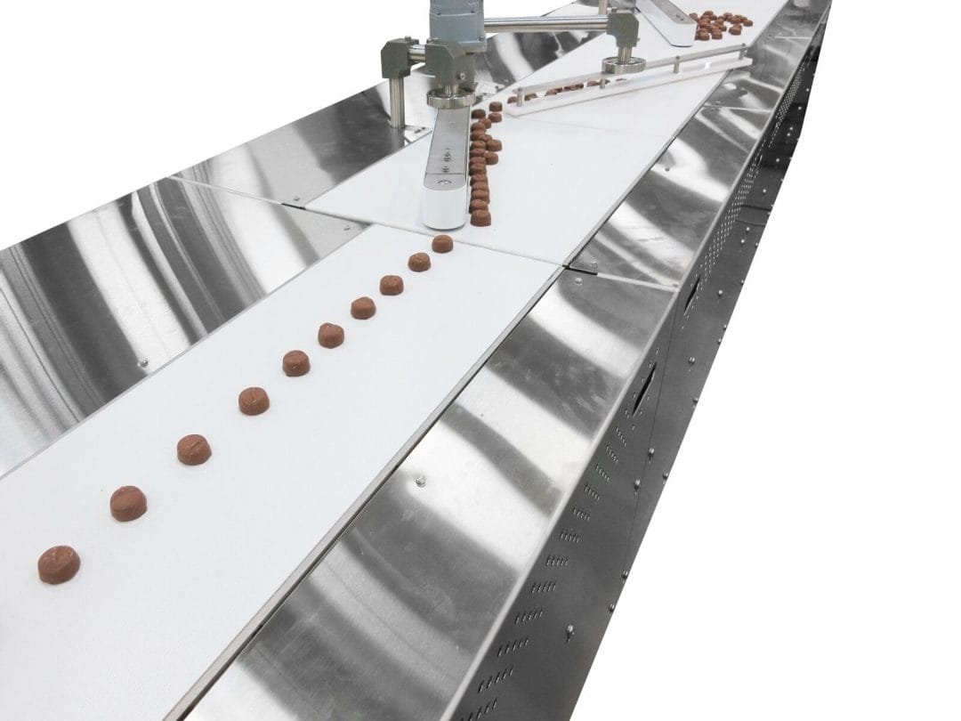 Food pieces being aligned into a single lane on a conveyor