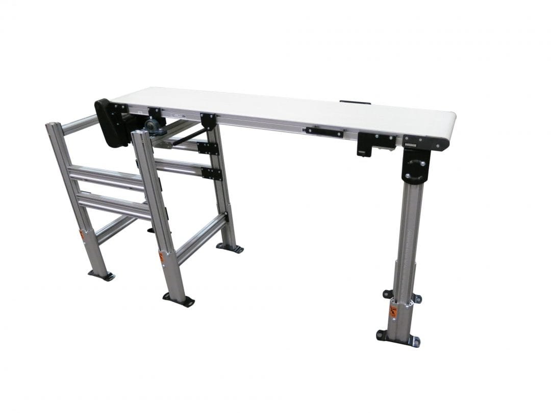 Industrial conveyor with a lift gate section in the lowered position