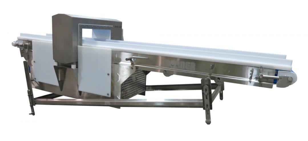 Overview of an inspection line with conveyors feeding and leaving the detector
