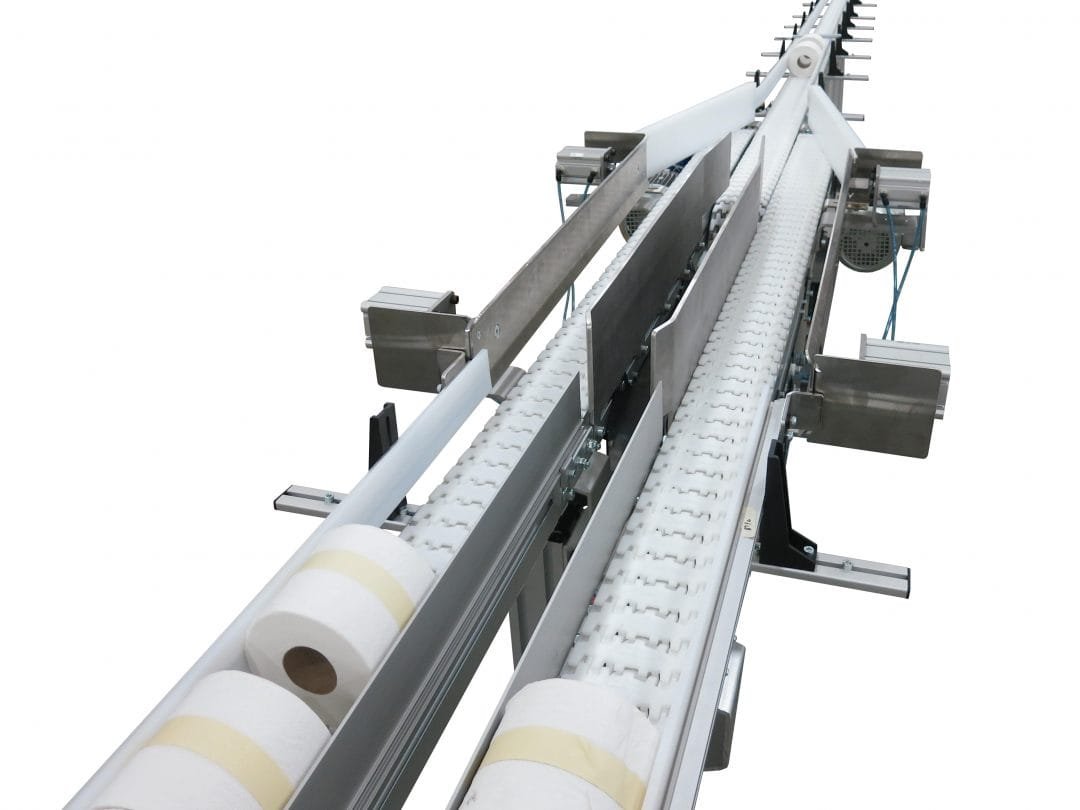 Dual-lane conveyor handling paper roll product
